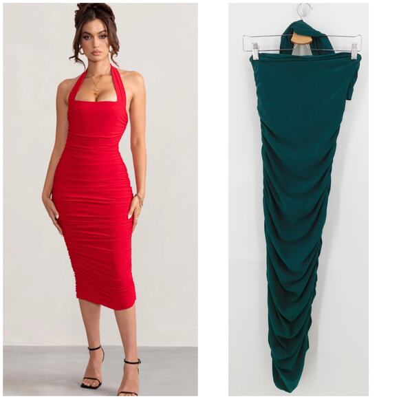 Club L London Letitia Green Halter Neck Ruched Bodycon Midi‎ Dress Size 2 - Picture 1 of 4